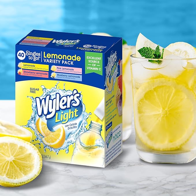 Wyler's Light Lemonade Variety Pack, 40 ct Singles to Go Powder Packets, Water Drink Mix, Variety Pack, Pink, Strawberry & Blueberry Lemonade, Sugar & Caffeine Free, On-The-Go,(Pack of 1)