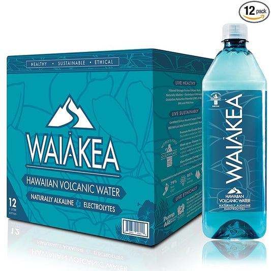 Waiakea Hawaiian Volcanic Water, Naturally Alkaline, 100% Recycled Bottle, 1L (Pack of 12), 33.8 Fl Oz (Pack of 12)
