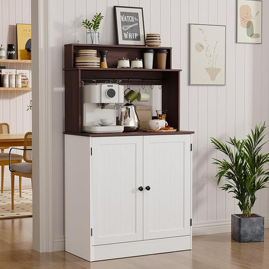 MHOM Farmhouse Bar Cabinet with Storage, Coffee Station Cabinet with 5 Hooks, Small Coffee Bar for Kitchen & Living Room, Antique White