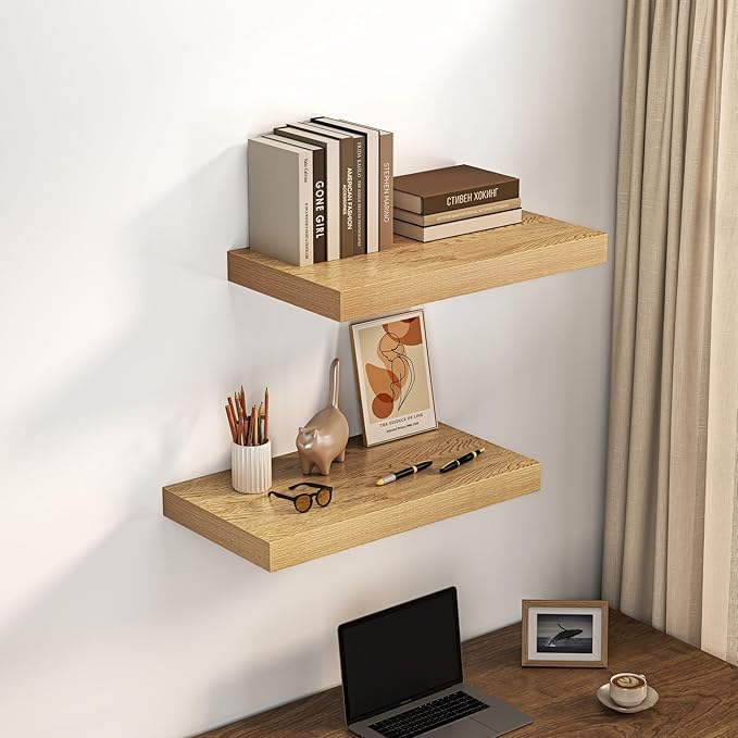 Dreamland 24" Floating Shelves for Wall, 12" Deep Thicker Oak Floating Shelves, Wall-Mounted Shelves for Bedroom, Living Room, Kitchen, Bathroom - Set of 2