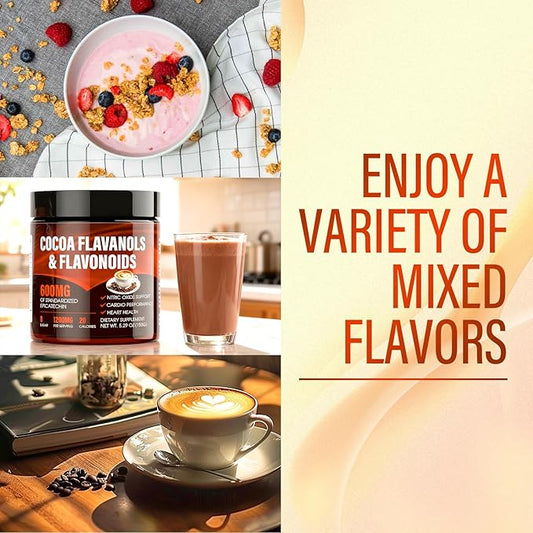 High Flavanol Cocoa Powder – 1200mg Flavanols with 600mg Epicatechin, 10X More Flavanols Than Cocoa – Premium Antioxidant Support for Heart Health, Nitric Oxide & Daily Energy – Zero Sugar