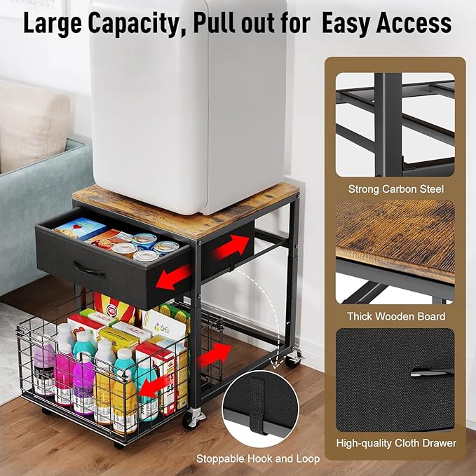 Housolution Mobile Mini Fridge Stand with Storage, Height-Adjustable Mini Beverage Fridge Table, Coffee Bar, 200 lbs Heavy-Duty Compact Refrigerator Shelf with Rolling Cabinet for Kitchen Home Office