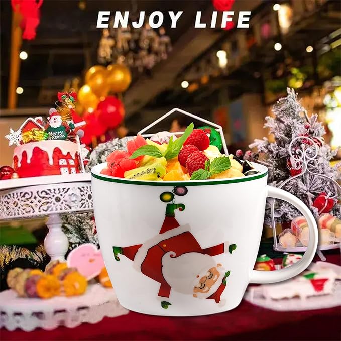 Merry Christmas Coffee Mug Huge Novelty Cup Funny Ceramic Soup Bowl with Handle, 30 oz Wide, Multi-purpose, Santa Mug for Co-workers, Friends, Holiday Decor, White Green Letters