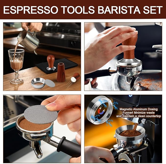 5 Pcs 51mm Espresso Accessories Kit Coffee Tamping Mat Spring Loaded Calibrated Tamper 316 Stainless Steel WDT Espresso Dosing Funnel and Puck Screen Set Coffee Stirrer for Barista