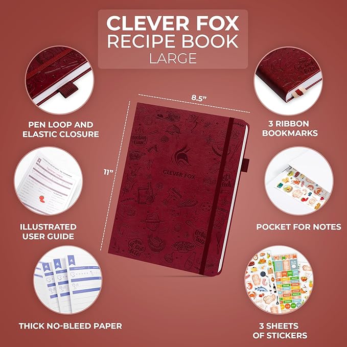 Clever Fox Recipe Book – Make Your Own Family Cookbook – Blank Recipe Notebook Organizer – Empty Cooking Journal to Write In Recipes – Large Size, 8.5”x11.2”, Hardcover, Burgundy
