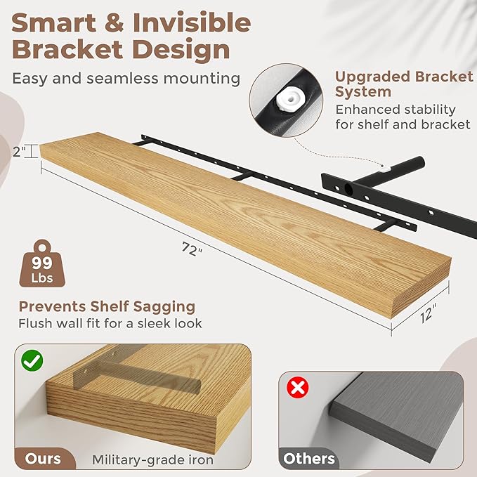 Marsmiles 12" Deep Floating Shelves for Wall with Invisible Brackets, Wall Mounted Engineered Wood Shelves with Wood Grain for Living Room, Bedroom, Kitchen Decor and Storage, 72" L Set of 1, Oak