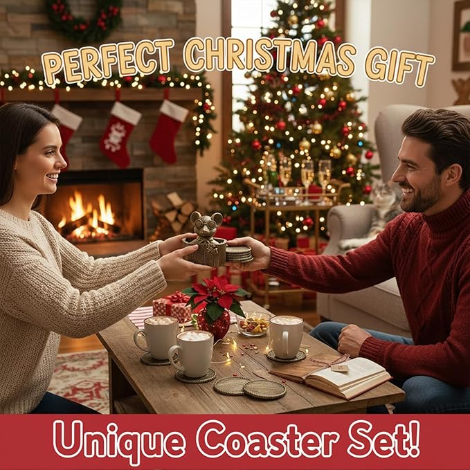 Cabin Coasters Set 6 Full Size Non-Slip Bar Coasters, Indoor Christmas Decorations, Man Cave Gifts for Men, Rustic Handmade Decor for The Home (Rat)
