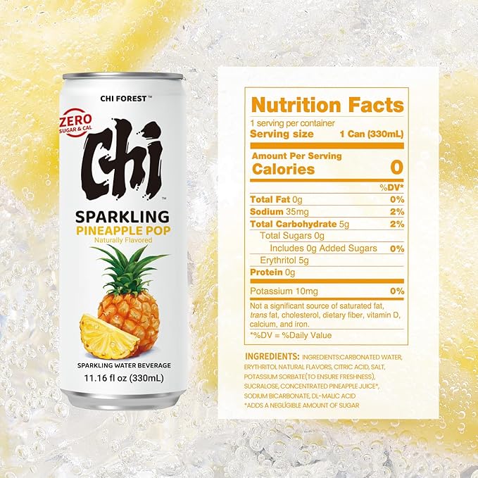 CHI FOREST Pineapple Sparkling Water Beverage, Zero Sugar Drinks, Zero Artificial Flavor, 11.16 fl oz Cans (Pack of 24)
