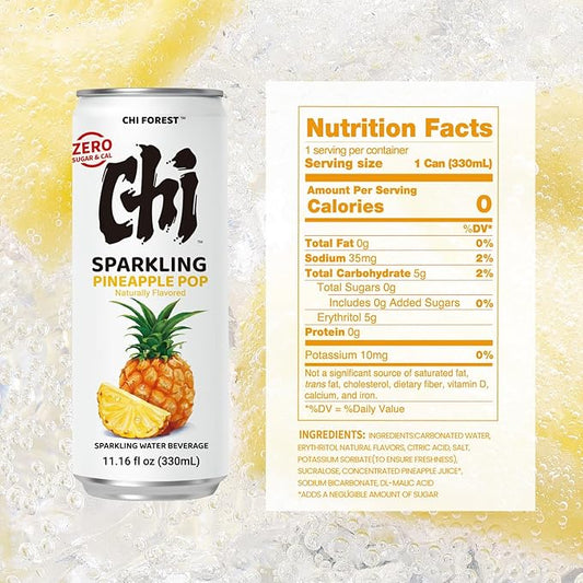 CHI FOREST Pineapple Sparkling Water Beverage, Zero Sugar Drinks, Zero Artificial Flavor, 11.16 fl oz Cans (Pack of 24)