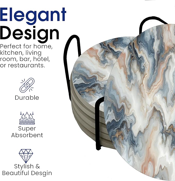 White Agate Marble Round Coasters Set of 6 - Abosrbent Ceramic Coasters with Metal Stand for Drinks, Coffee, Non-Slip Cork Back for Tabletop Protection, 4 Inches Marbled Pattern (Light Colored Veins)