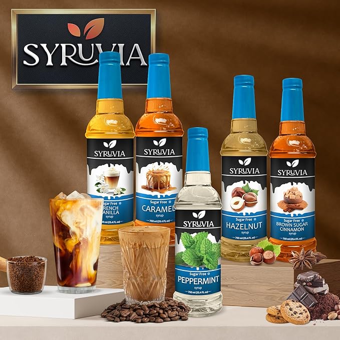 Syruvia Sugar Free Coffee Syrup, Peanut Butter Cup Flavored Syrup for Drinks, Lattes, and Desserts – 25.4 fl oz, With Pump