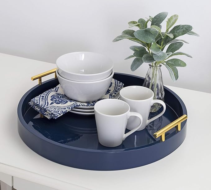 Kate and Laurel Lipton Modern Round Tray, 18" Diameter, Navy Blue and Gold, Decorative Accent Tray for Storage and Display