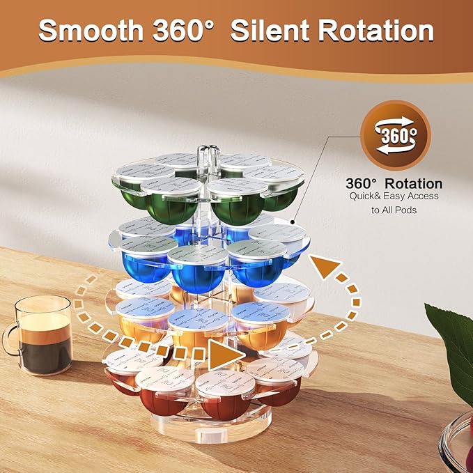 Coffee Pods Holder Acrylic Carousel Stand Compatible with 28 Nespresso Vertuo Capsules And Dolce Gusto Capsules Storage Organizer for Small Countertop