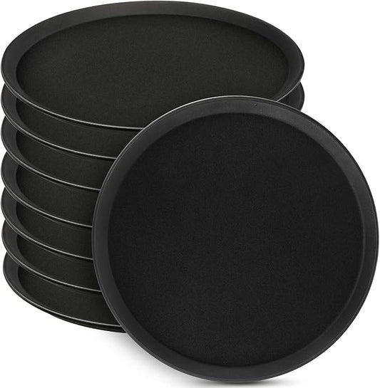 Lallisa 8 Pcs 16'' Large Restaurant Serving Trays with Rubber Lined Plastic Non Slip Tray Non Skid Round Serving Platter Server Tray for Bar Drink, Cafeteria Food, Coffee, Table, Hotel, Party, Black