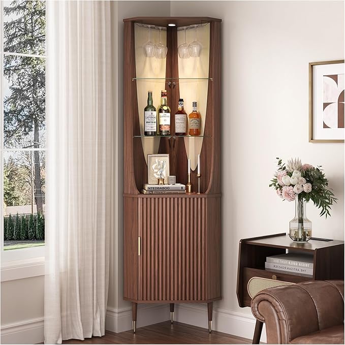 70" Tall Corner Cabinet,Mid Century Modern Cabinet with Doors,Fluted Corner Bar Cabinet with Glass Holder,Lights and Storage Shelves,Wine Bar Cabinet for Liquor, Living Room, Kitchen, Walnut