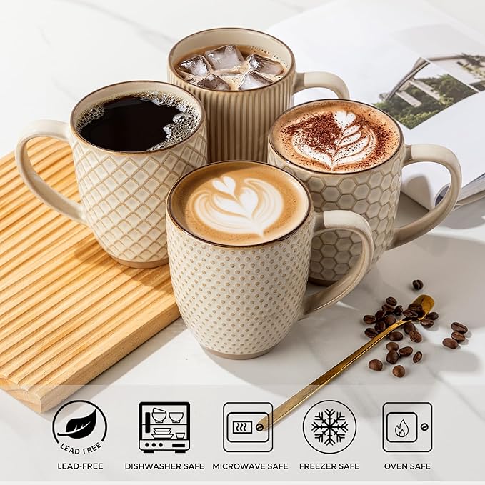 GBhome Large Coffee Mugs Set of 4, 16oz Handmade Embossed Coffee Mugs Set with Large Handle for Cappuccino/Latte/Tea/Hot Cocoa, Dishwasher & Microwave Safe, Khaki