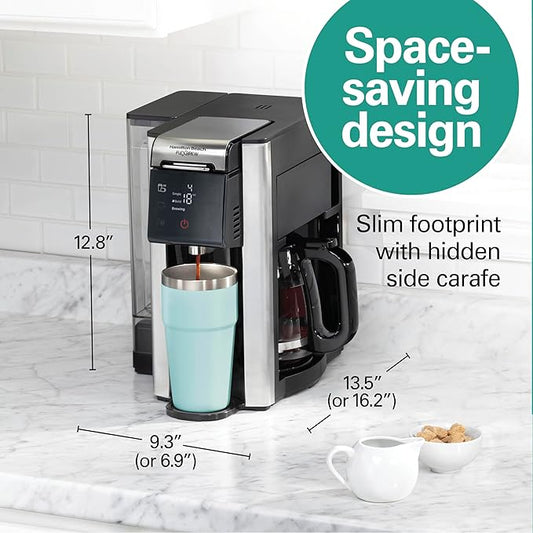 Hamilton Beach FlexBrew Advanced 5-in-1 Programmable 12 Cup Drip and Single Serve Hot & Iced Coffee Maker with Movable 60 oz. Water Reservoir, Use Pod Packs and Grounds, Fast Brewing, Black (49924)
