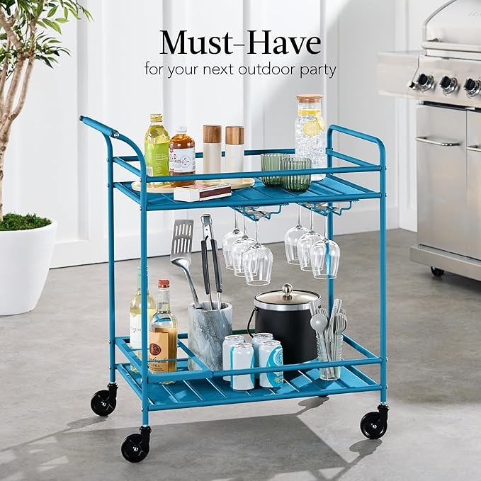 Best Choice Products Rolling Bar Cart, Mobile Home Bar Serving Cart, Serving Station w/ 2 Tier Shelves, Wine Rack, Lockable Wheels - Peacock