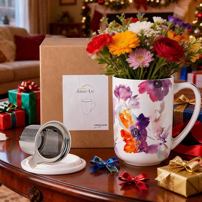 AmorArc Porcelain Tea Mug with Infuser and Lids, 18 Oz Large Cup Strainer with Bag Holder for Loose Leaf Tea, Steeping Coffee Mug for House-warming Wedding Birthday Gift
