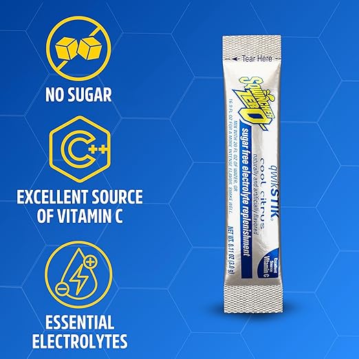 Sqwincher Zero Qwik Stik, Cool Citrus, Sugar Free, Low Calorie, Low Sodium Electrolyte Powder Hydration Drink Mix, .11 0z Packet (Pack of 50)