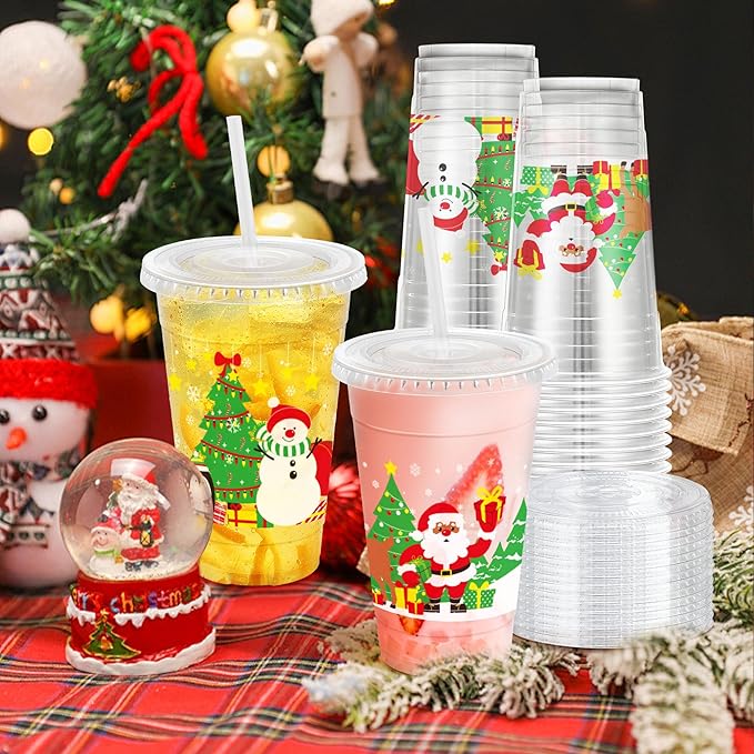 Clawsoff Christmas 20 OZ 50 Pack Plastic Cups with Lids and Straws, Sturdy Food Safe Iced Clear Coffee Cups Disposable Smoothie Cups for Cold Drinks