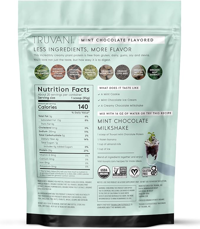 Truvani Vegan Pea Protein Powder | 20g Organic Plant-Based Protein | Keto | Gluten & Dairy Free | Low Carb | No Added Sugar | Mint Chocolate | 20 Servings (Pack of 1) |