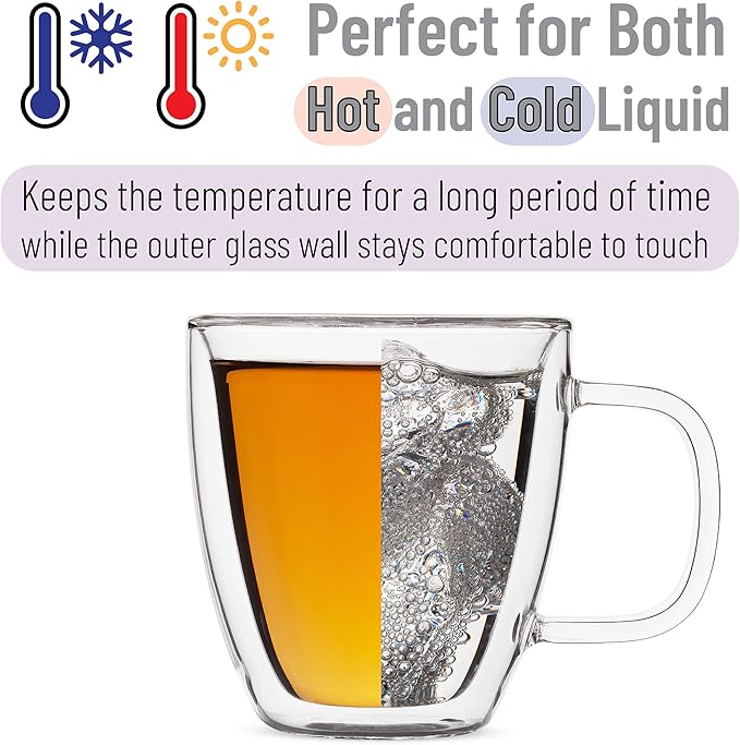 BTaT- Double Walled Glass Coffee Mugs, 16 oz, Set of 6, Glass Coffee Cups with Handle, Insulated Clear Coffee Mug for Hot and Cold Beverages, Cappuccino, Latte, Tea, Americano, Microwave Safe