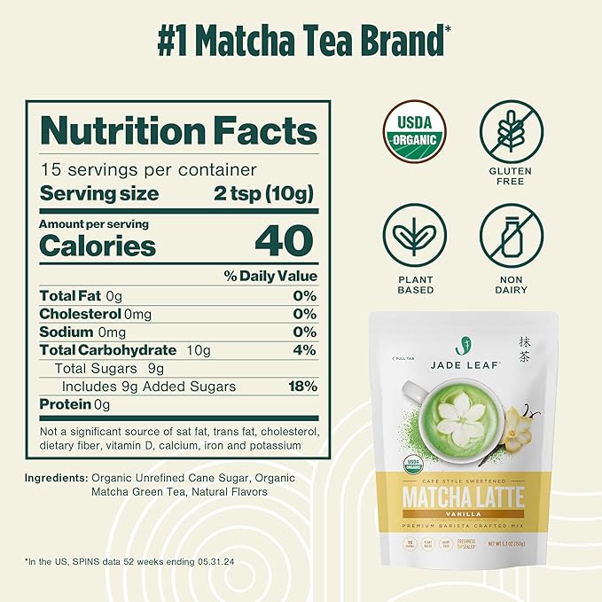 Jade Leaf Matcha Organic Grade Matcha Green Tea Powder - Japanese - Culinary, Ingredient, Ceremonial Barista Teahouse, Latte, Collagen, 5.3 Ounce (Pack of 1), Vanilla Matcha Latte