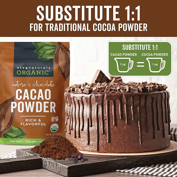 Organic Cacao Powder, Unsweetened, 8 oz (227 g) – Rich Dark Chocolate Flavor, Perfect for Baking, Smoothies & Hot Chocolate – Vegan, Keto, Paleo, Non-GMO & Gluten-Free Cocoa Powder