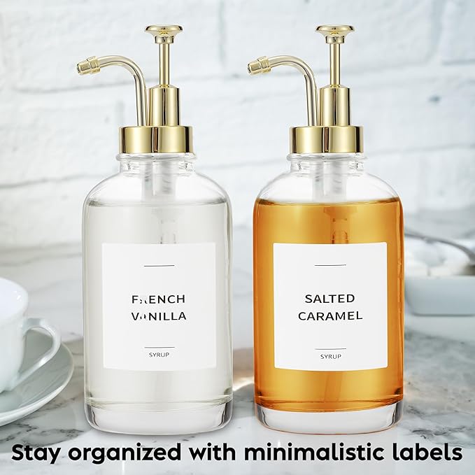 Spaceneat Coffee Syrup Dispenser with Pump - Includes 24 Flavor Labels - Glass Syrup Dispenser for Coffee Bar - Elevate your Beverage Station with 16.9 fl oz Flavoring Container Bottles, 4pcs, Gold