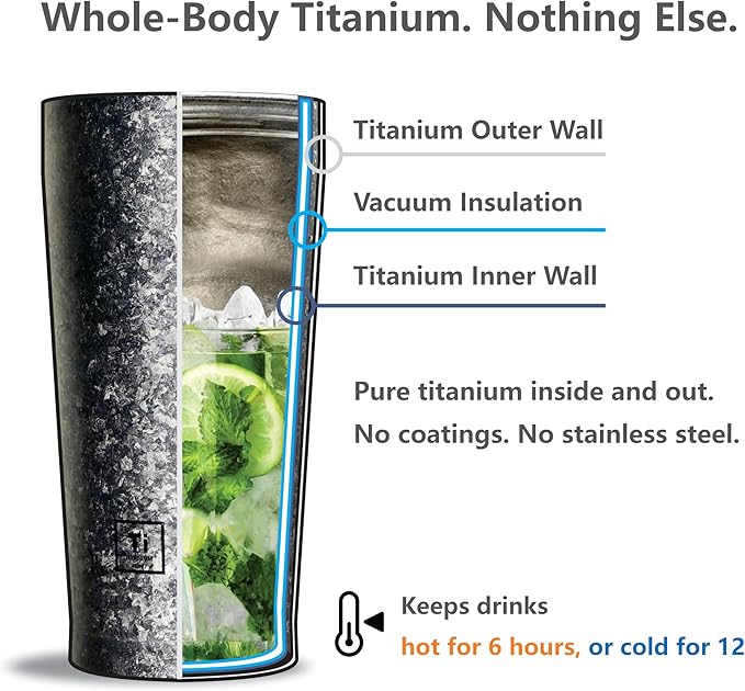 KOYASU® Ti-Zero™ 16oz Titanium Cup [Titanium Frost] - Ultralight Camping Gear. Uncoated Crystallized Finish, Bio-Compatible Titanium Body. Rugged Thermal Flask for Hiking Outdoor Survival