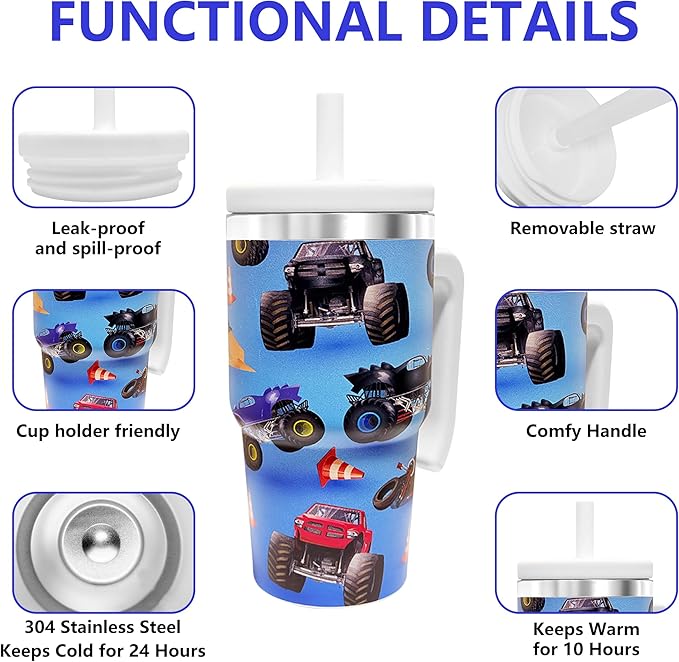 20-OZ Insulated Water Bottle,Insulated Stainless Steel Tumbler,Reusable Cold Drink Thermos,BPA-Free, Double-Wall Stainless Steel Water Bottle (Light blue-Monster truck, 20, Fluid Ounces)