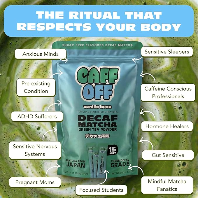 Caff Off Decaf Vanilla Matcha Green Tea Powder From Japan – 15 Sticks ( 2 g each / 30 g total) - Ceremonial Grade & Sugar-Free – No Fillers or Milk Powders – Naturally Decaffeinated Without Chemicals – Tested for Heavy Metals – First Harvest, Shade-Gro...