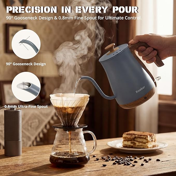 Gooseneck Electric Kettle, Electric Tea Kettle Stainless Steel, Electric Kettle for Coffee, 1000W Kettle Electric Auto Shut Off, 0.8L, Wood-like Grain Finish Handle, Gray
