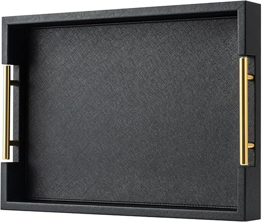 Black Rectangle Serving Tray with Gold Handles for Party,Large Wood Decorative Tray for Ottoman,Faux Leather Coffee Table Tray Decor