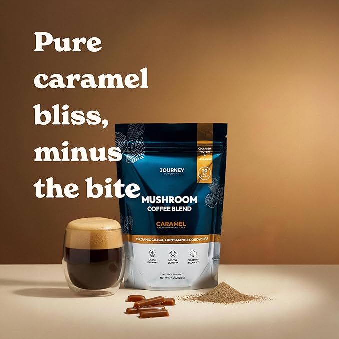 Mushroom Coffee with Collagen - Caramel Blend – Adaptogenic Instant Coffee for Energy, Focus, & Mental Clarity – Enhanced with Lion’s Mane, Chaga, Cordyceps & L-Theanine (30 Servings)