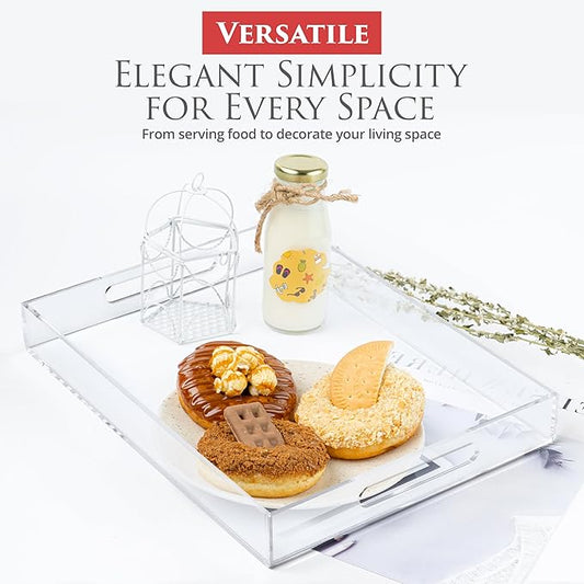 Acrylic Tray 16x12 with Cut Handles - Spill Proof Decorative Tray is an Ideal Countertop Organizer for Living Rooms, Ottoman Coffee Tables, Offices, Kitchens & Serving Guests