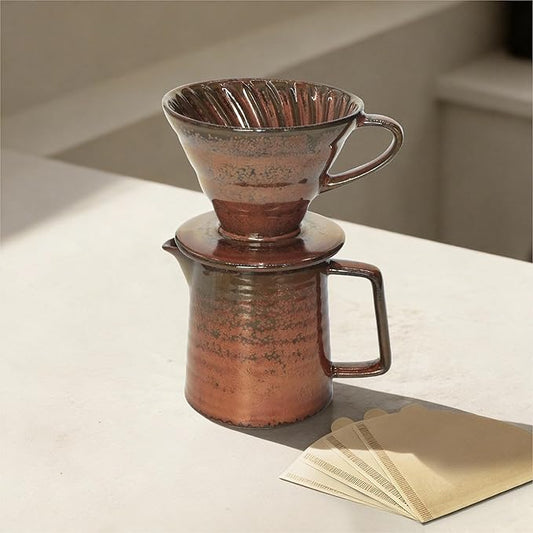 Vintage Ceramic Pour Over Coffee Maker with V60-Style Dripper and 40 Paper Filters (Red)