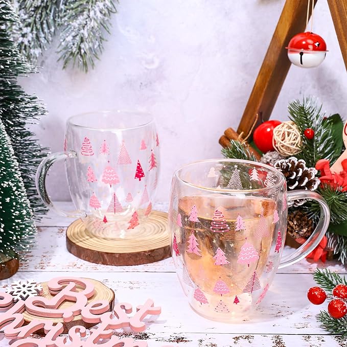JarThenaAMCS Christmas Double Wall Glass Coffee Mugs 12oz Cute Pink Xmas Tree Insulated Glasses Clear Espresso Cups with Handle for Home Holiday Supplies, Set of 2
