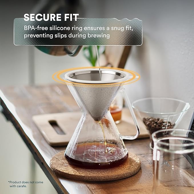 OVALWARE UPGRADED Paperless Stainless Steel Pour Over Coffee Filter – Reusable Permanent Coffee Cone Dripper with Silicone Safety Tab for Easy Removal, Fits Ovalware, Chemex, Hario & Other Carafes