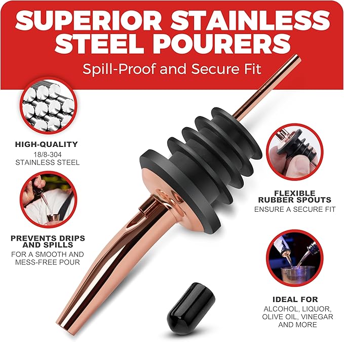 48 Pack Stainless Steel Bottle Pourers for Alcohol, Liquor, and Wine - Bar Accessories, Spouts for Bottles and Dispensers (rose gold)