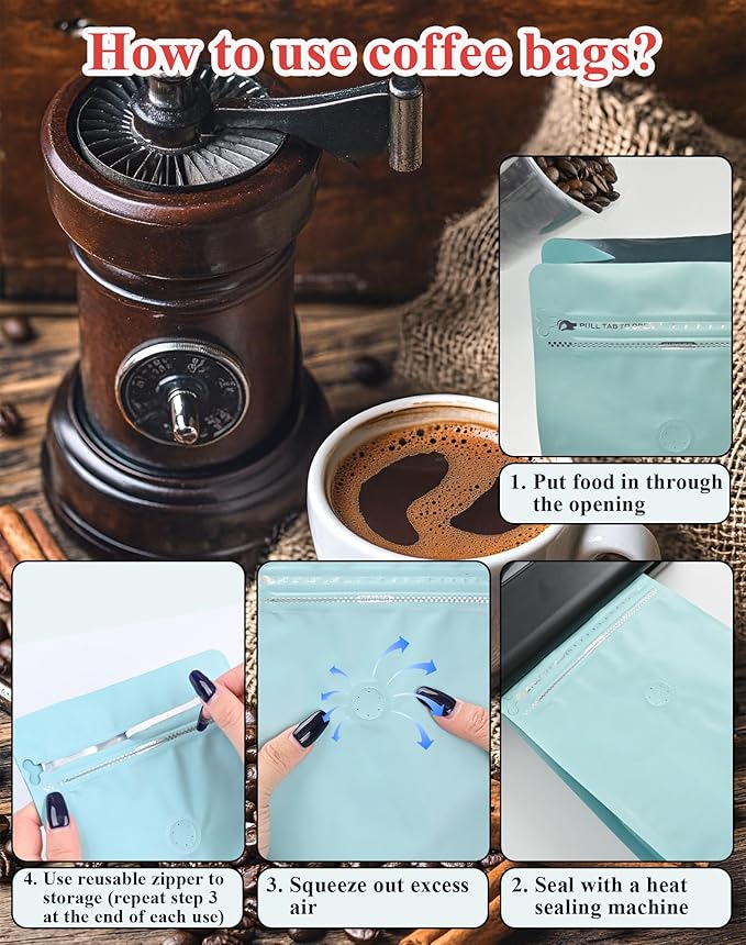 12mil Stand Up Coffee Bags, Flat Bottom Pouch with one-way Air Release Valve and Reusable Side Zipper(Blue, 50PCS-Large-2.2lb/32oz/1kg)
