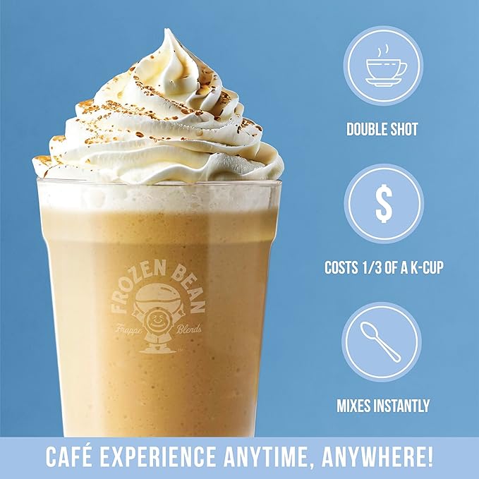 The Frozen Bean Vanilla Bean Frappe & Latte Instant Mix (10 Sticks), Made with Arabica Coffee, Double Shot Caffeine, Low Sugar & Premium Ingredients, Hot, Iced, or Blended Drinks
