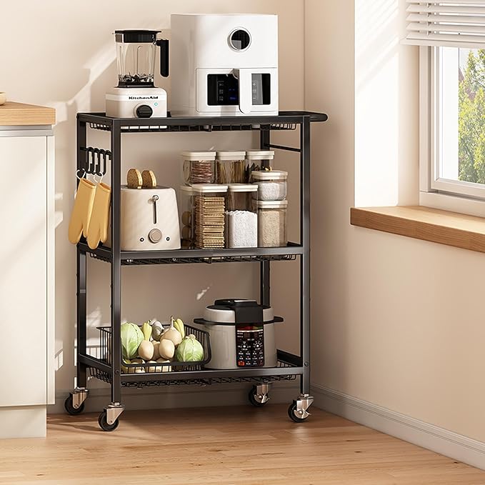3-Tier Rolling Cart, Space-Saving Kitchen Cart with 150Lbs Capacity, Black Storage Cart with 2 Lockable Wheels for Kitchen Island, Restaurant, Garage, Backyard