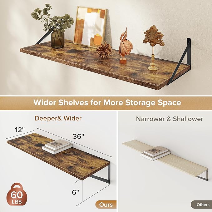 Deep Floating Shelves Wall Mounted, 36"x12" Brown Wood Shelves with Brackets Set of 2 for Bedroom, Living Room, Bathroom, Kitchen, Office - Storage & Display Shelf for Decor, Books, Plants