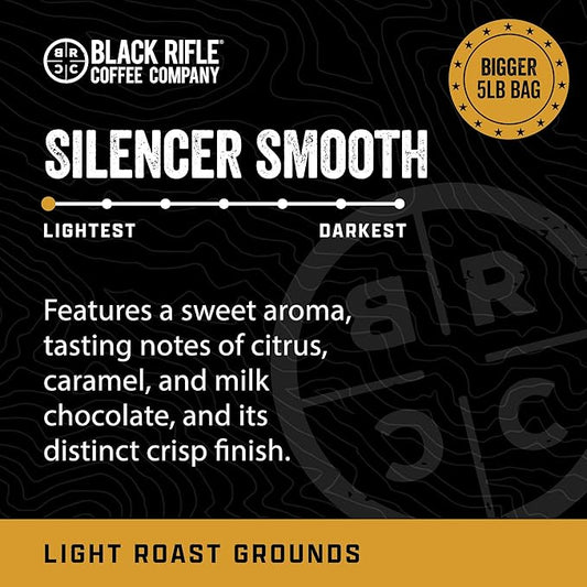 Black Rifle Coffee Company Silencer Smooth, 5 lb Bag, Ground Coffee Light Roast - Roasted Blend Made from Arabica Beans - Colombian & Brazilian Beans - Veteran Founded & American Made