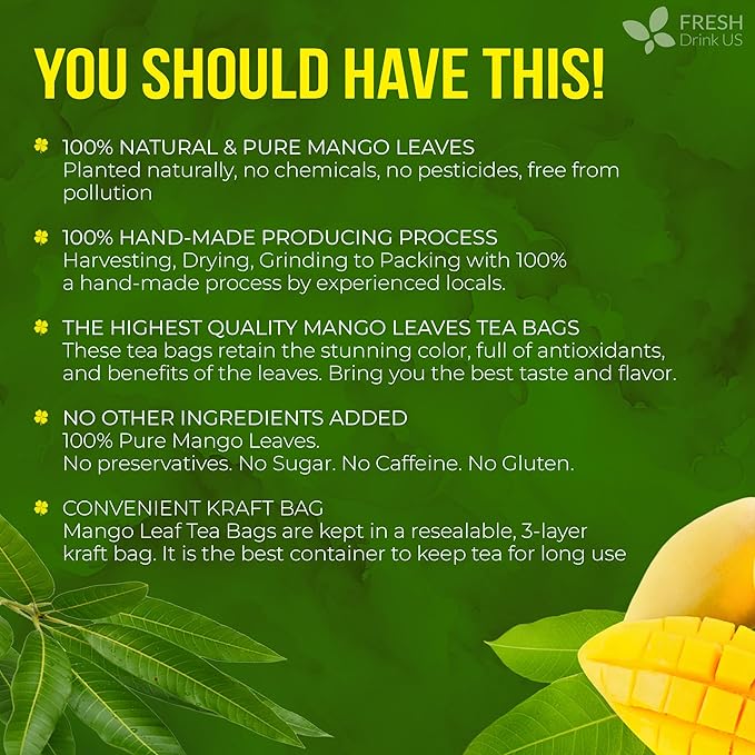FreshDrinkUS, Premium 60 Mango Leaf Tea Bags, 100% Natural & Pure from Mango Leaves. Loose Leaf Herbal Tea. No Sugar, No Caffeine, No Gluten, Vegan.