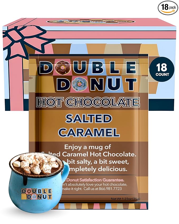 Double Donut Salted Caramel Hot Chocolate, Flavored Hot Chocolate Packets, Salted Caramel Hot Cocoa Mix, 18 Count