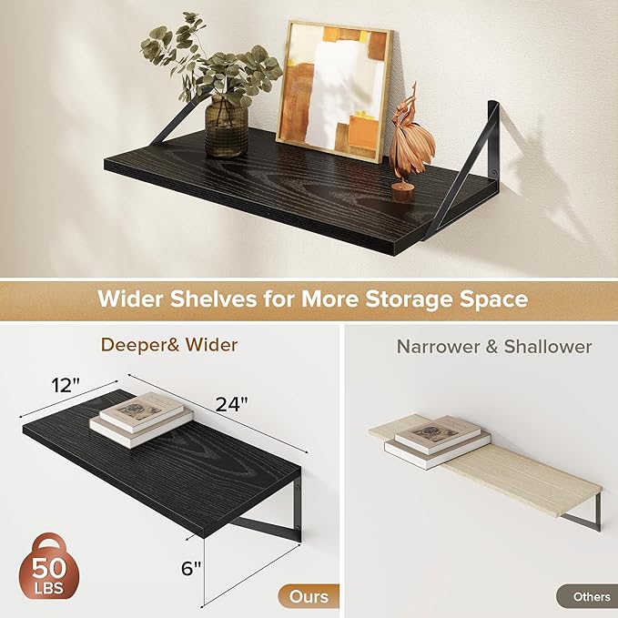Deep Floating Shelves Wall Mounted, 24"x12" Black Wall Shelves with Brackets Set of 2 for Bedroom, Living Room, Bathroom, Kitchen, Office - Storage & Display Shelf for Decor, Books, Plants
