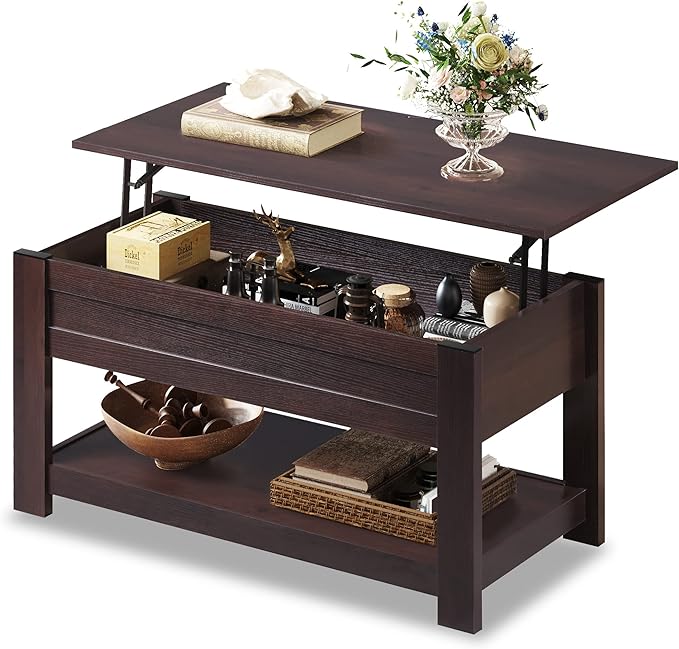 WLIVE Coffee Table, 39" Lift Top Coffee Table with Hidden Compartment, Storage Shelf and Lifting Top for Home Living Room, Office and Bedroom, Red-Brown